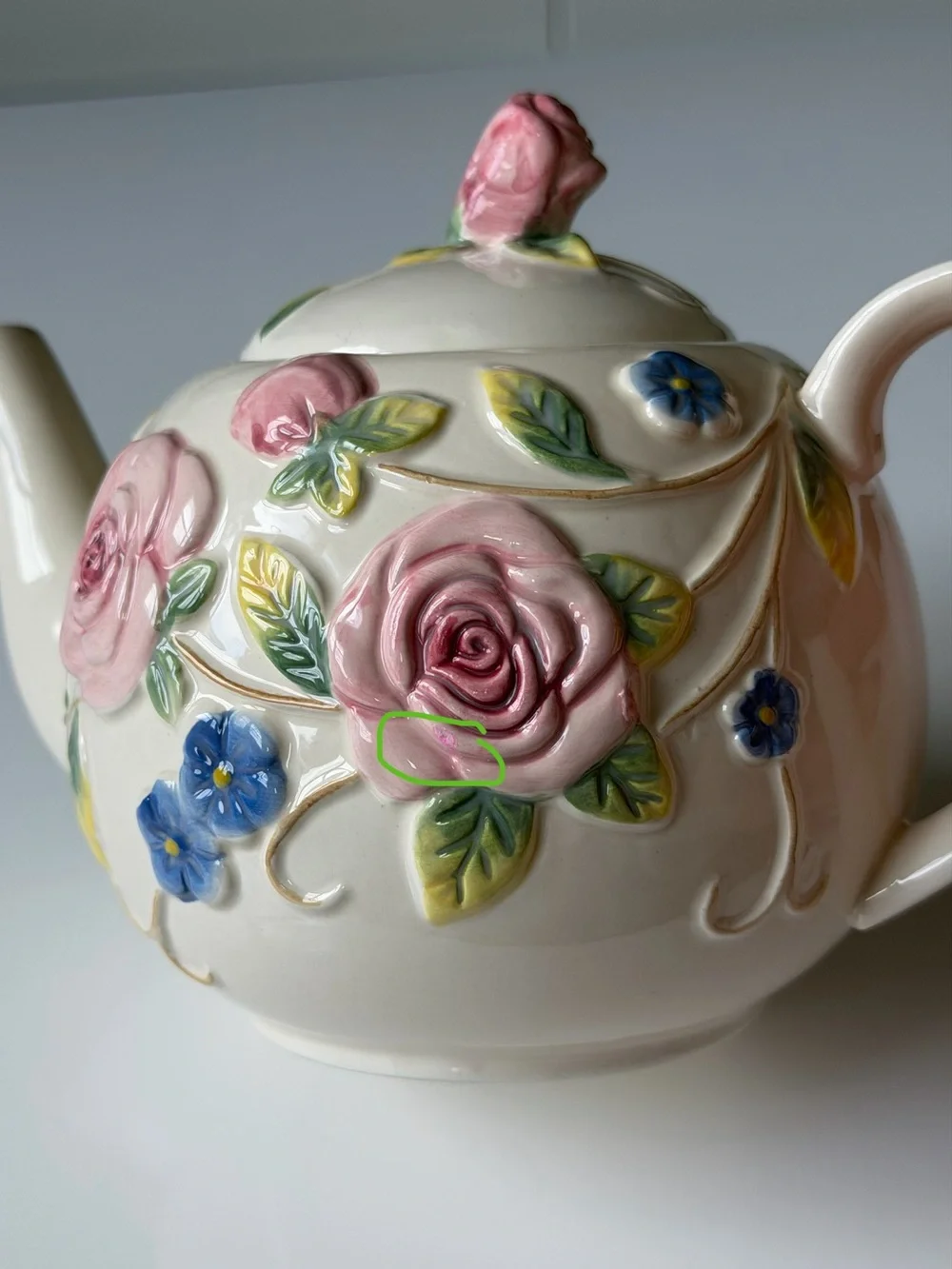 KF Vintage Ivory Glaze Ceramic Teapot - Embossed Pink Roses & Blue Flowers.